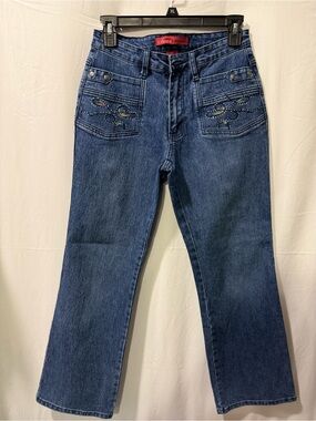 Cosmopolitan Dark Blue Boot Cut Jeans with Rhinestone Pocket Detail